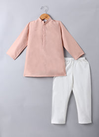 PEACH KURTA WITH LEAFS HAND PAINTED EMBROIDERY BUNDI JACKET WITH PAJAMA SET