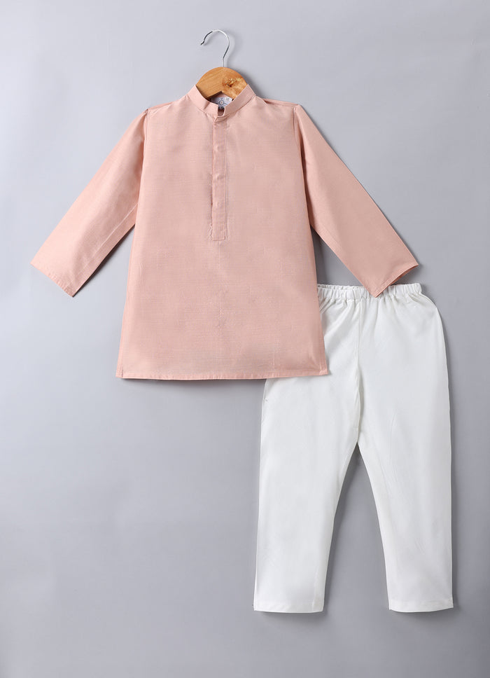 PEACH KURTA WITH LEAFS HAND PAINTED EMBROIDERY BUNDI JACKET WITH PAJAMA SET