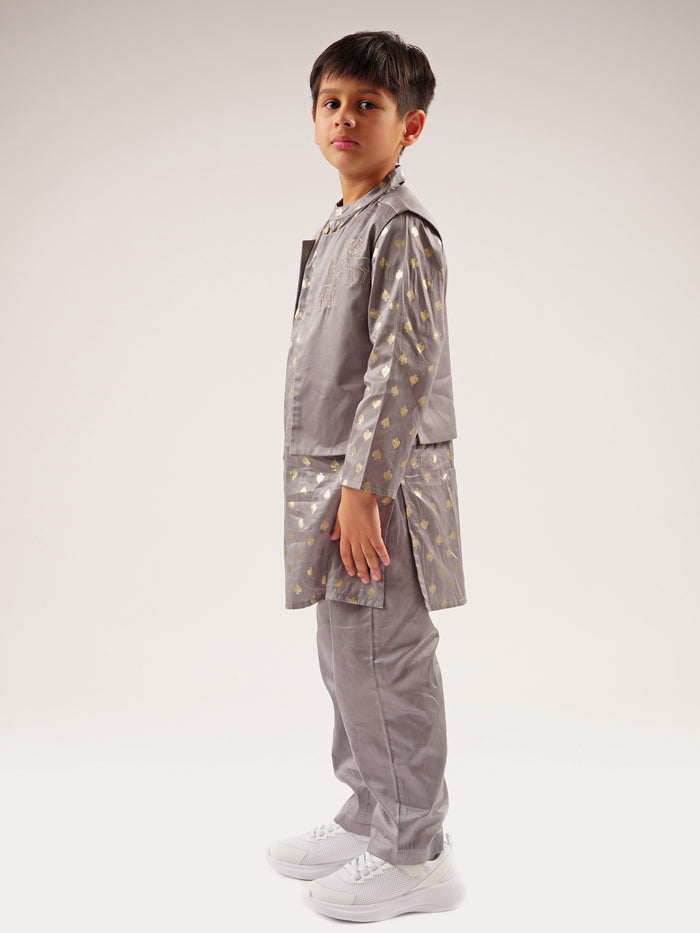 Mehfil Grey Kurta Pant Jacket Set For Boys