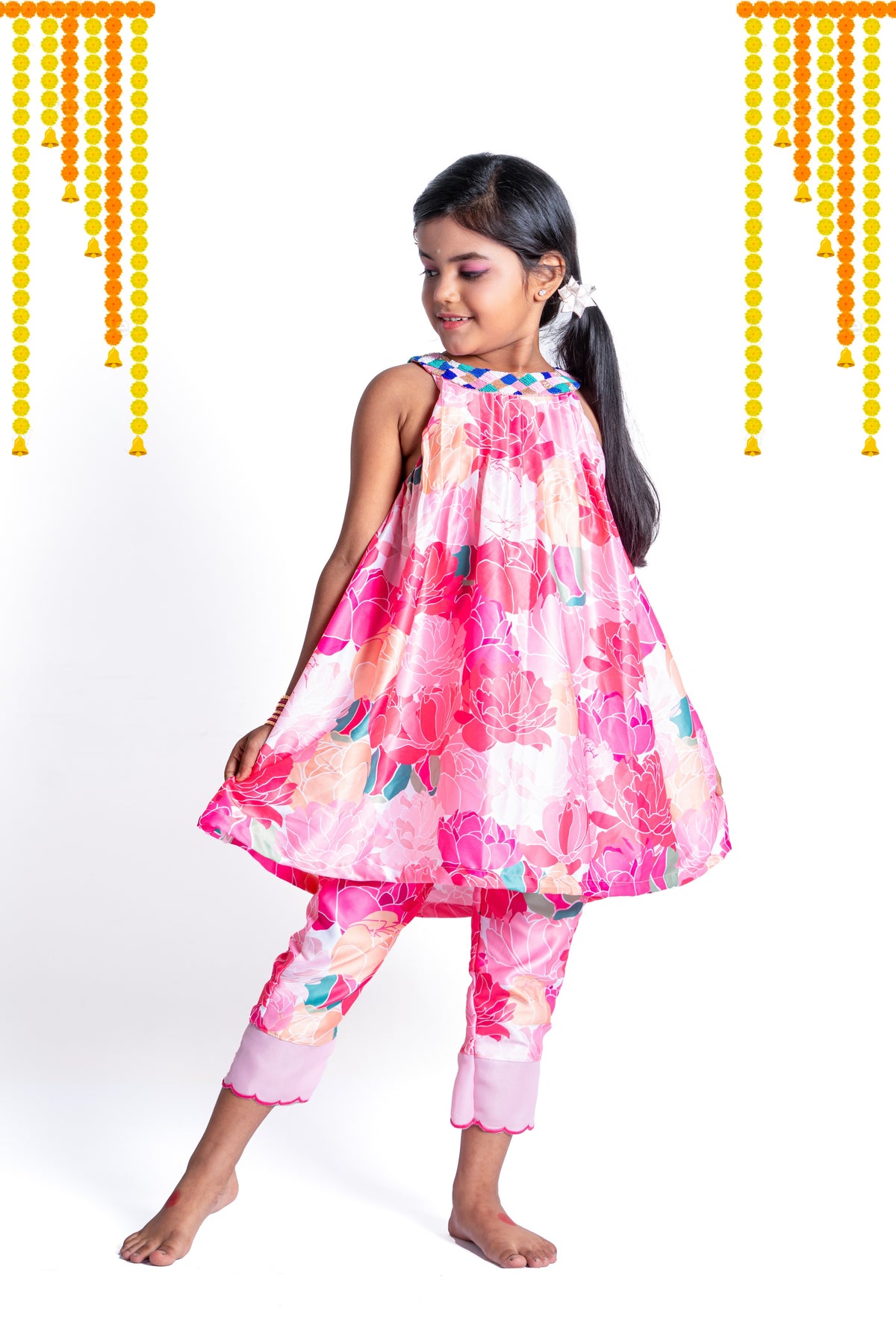 Floral Halter Neckline Dress With Straight Pants