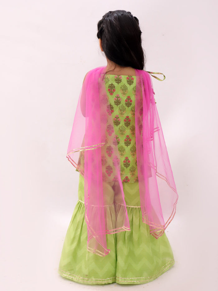 Khilkhilahat Green Kurta Sharara with Pink Dupatta Set For Girls