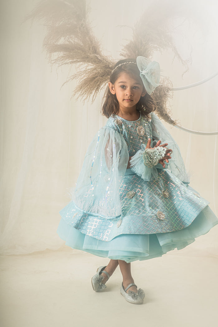 Aqua Cape Sleeves Party Dress