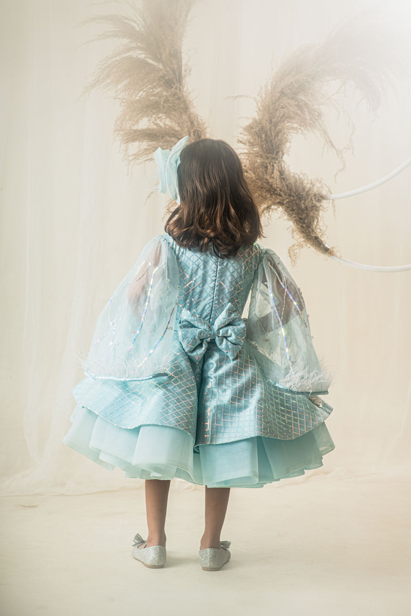 Aqua Cape Sleeves Party Dress