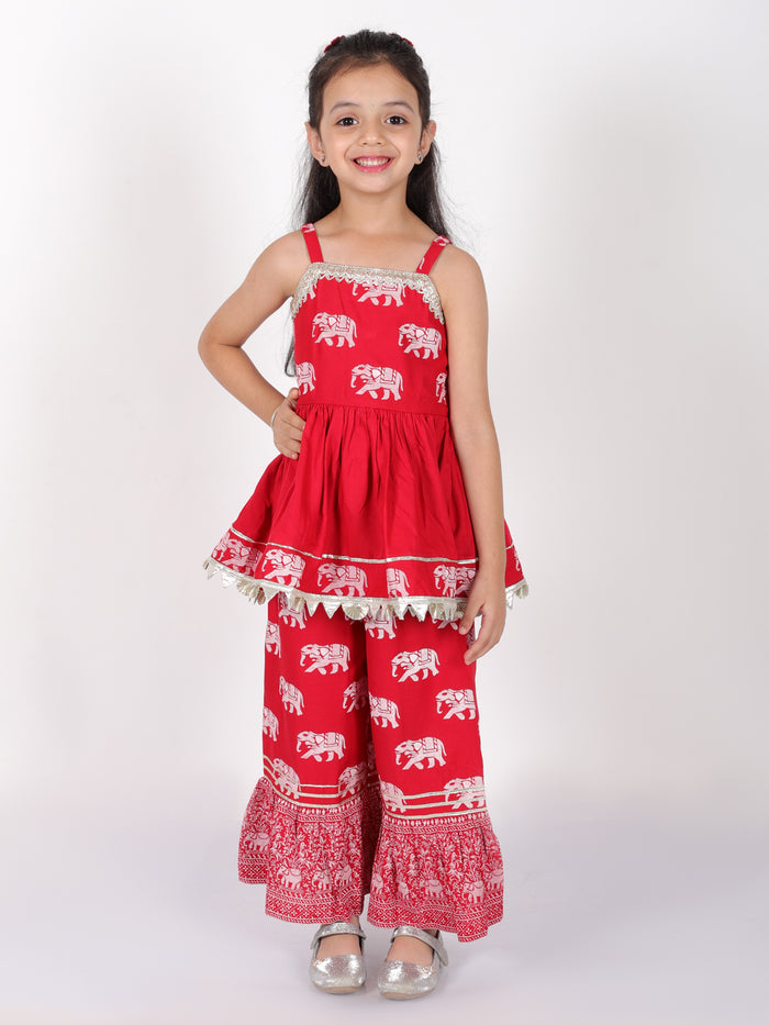 Trunk Tales Girls Red Kurta with Sharara Set