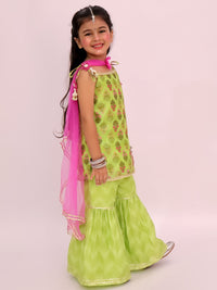 Khilkhilahat Green Kurta Sharara with Pink Dupatta Set For Girls