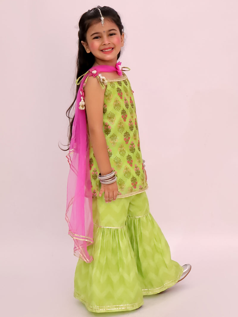 Khilkhilahat Green Kurta Sharara with Pink Dupatta Set For Girls