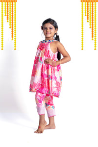 Floral Halter Neckline Dress With Straight Pants
