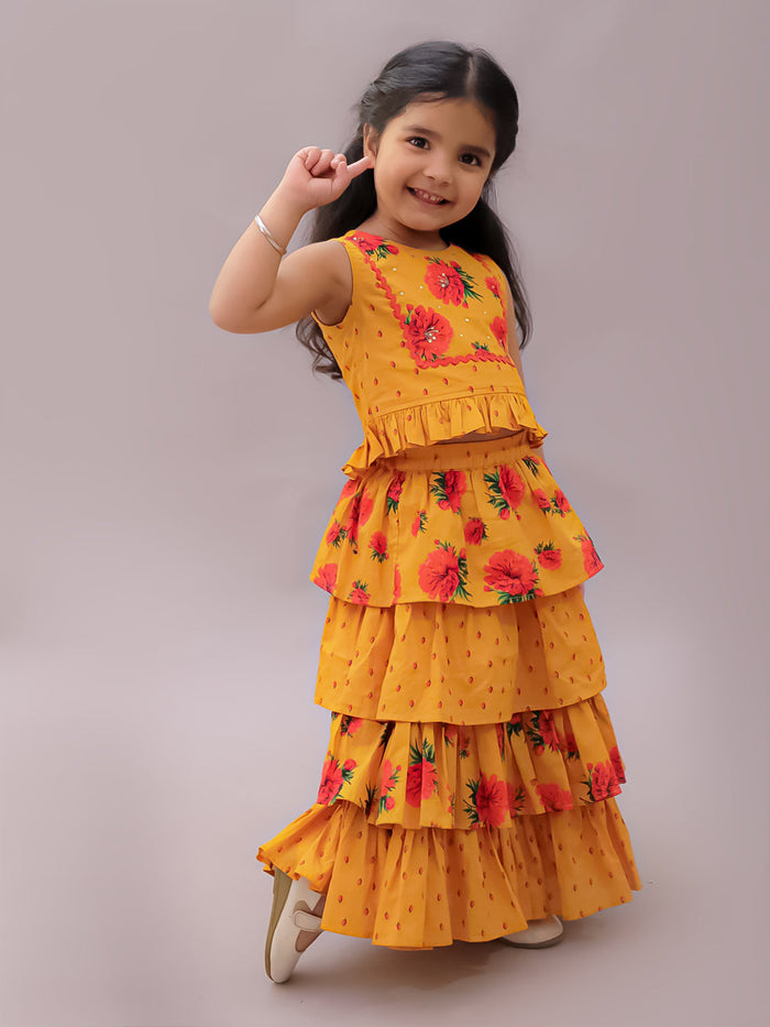 Genda Phool Mustard Choli and Lehanga Set For Girls