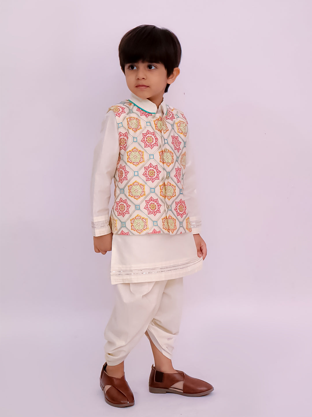 Mishti White Kurta Dhoti and Jacket For Boys