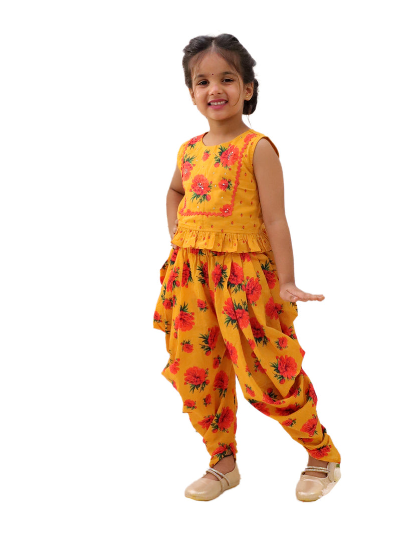 Genda Phool Mustard Crop Top and Dhoti Set For Girls