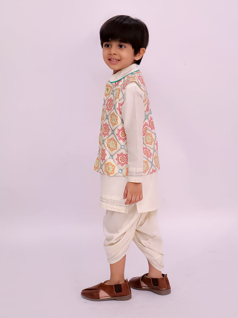 Mishti White Kurta Dhoti and Jacket For Boys