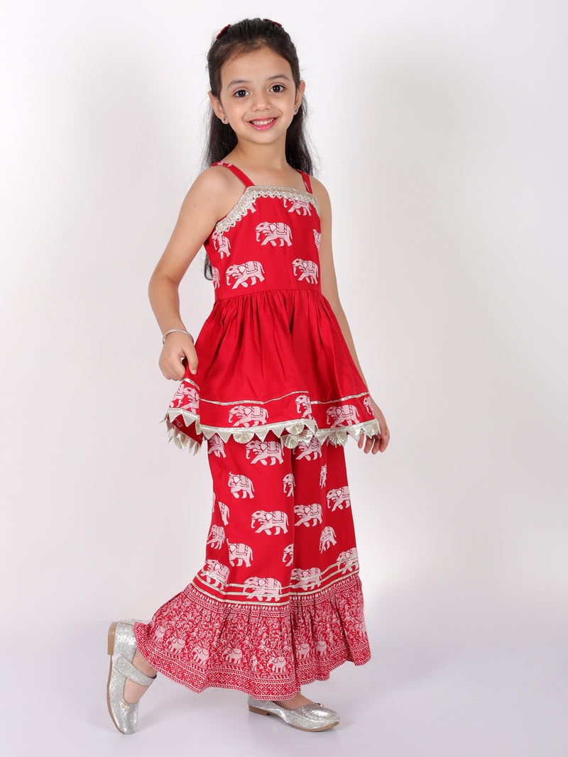 Trunk Tales Girls Red Kurta with Sharara Set