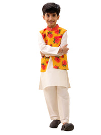 Genda Phool White Kurta and Pant with Mustard Jacket Set for Boys