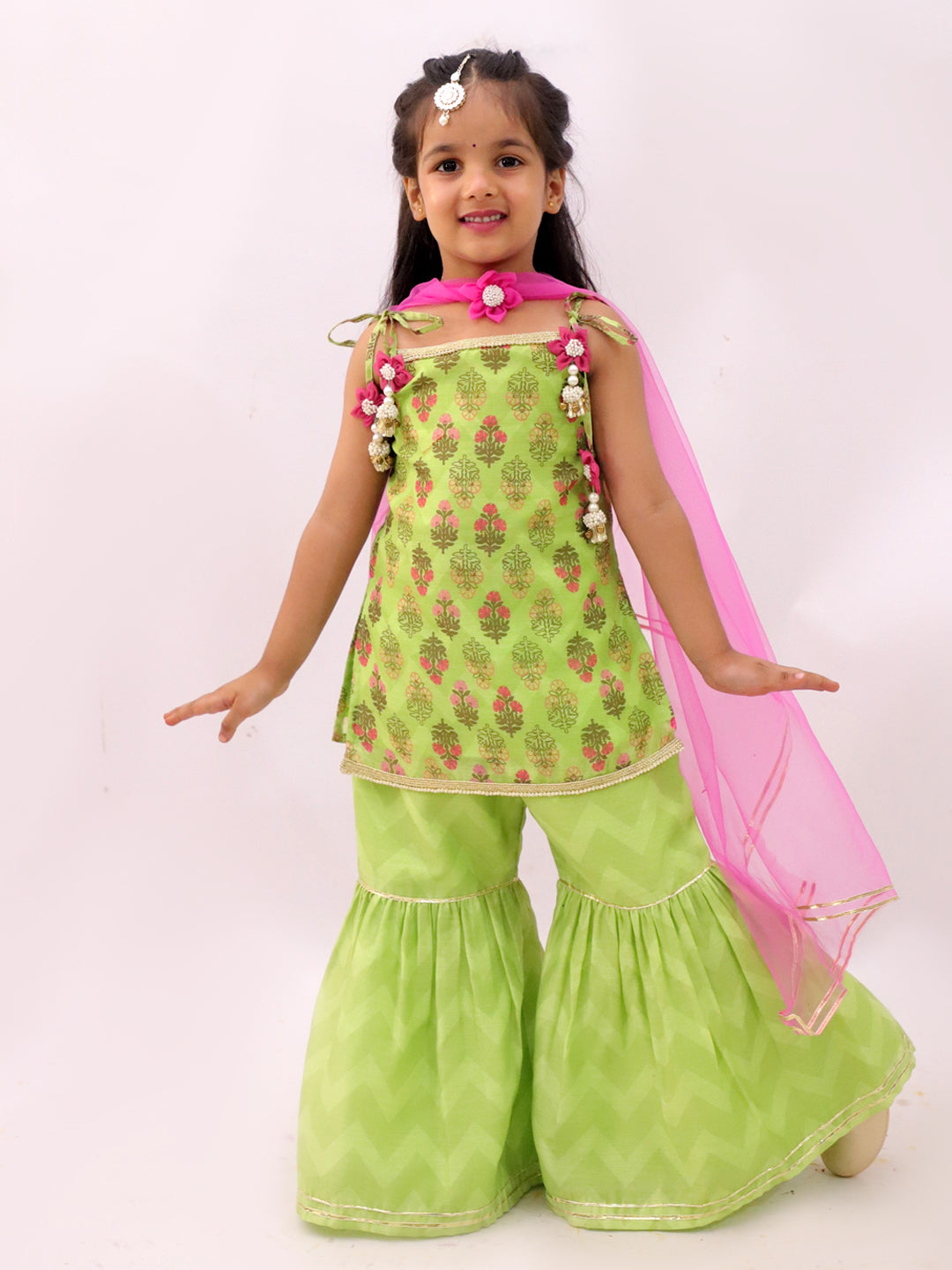 Khilkhilahat Green Kurta Sharara with Pink Dupatta Set For Girls