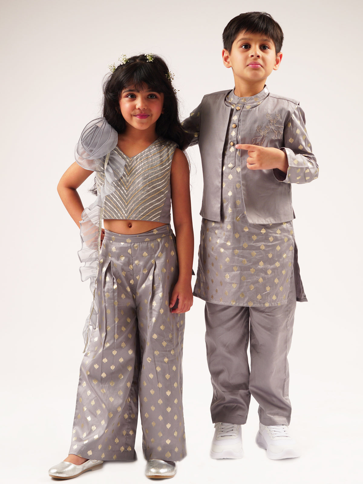 Mehfil Grey Kurta Pant Jacket Set For Boys