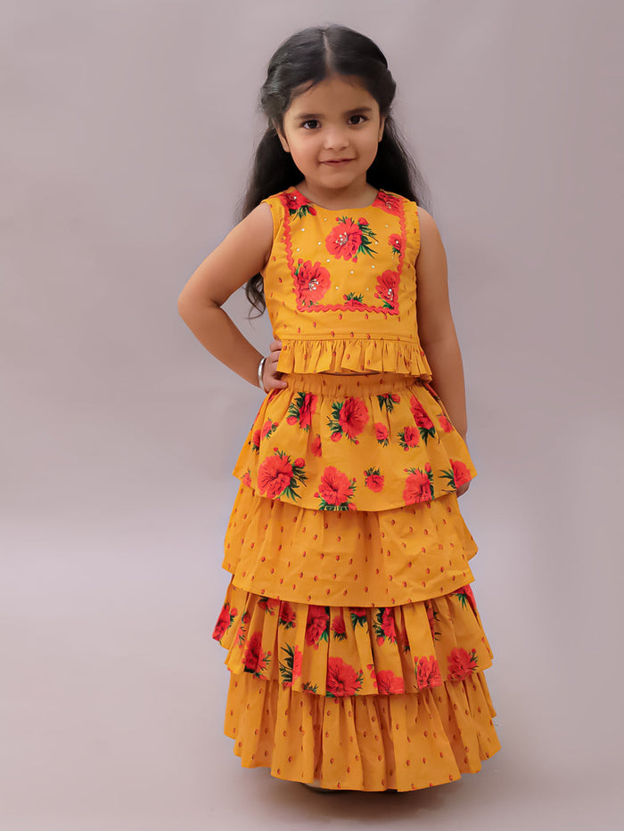Genda Phool Mustard Choli and Lehanga Set For Girls