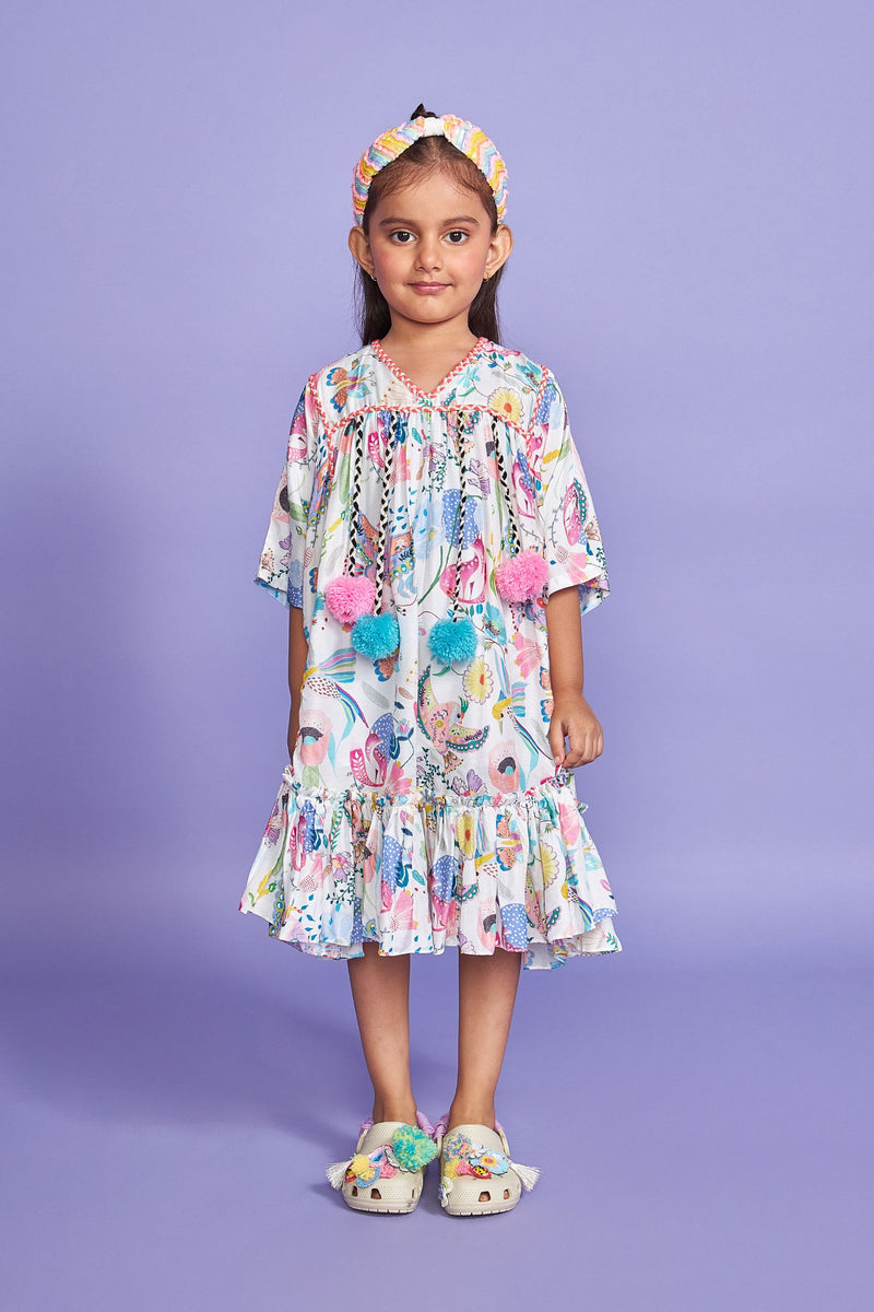 PomPom White Kids Kaftan Dress
