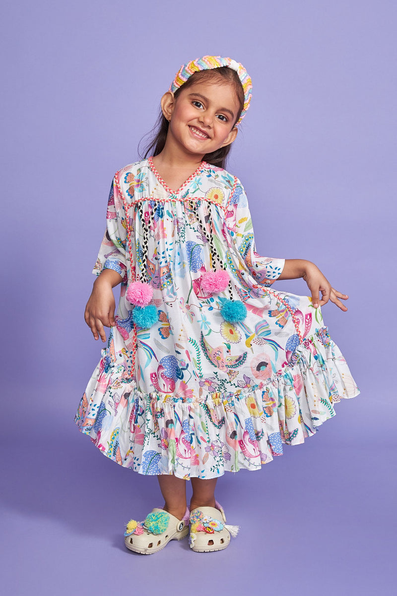 PomPom White Kids Kaftan Dress