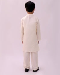 Genda Phool White Kurta and Pant with Mustard Jacket Set for Boys