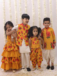 Genda Phool White Kurta and Pant with Mustard Jacket Set for Boys