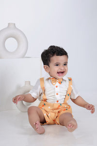 White Half Shirt/Orange Carrot Print Half Pant Suspenders And Bow Tie Set