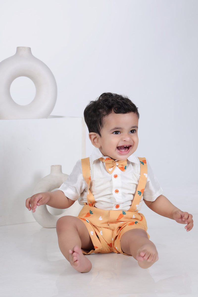 White Half Shirt/Orange Carrot Print Half Pant Suspenders And Bow Tie Set