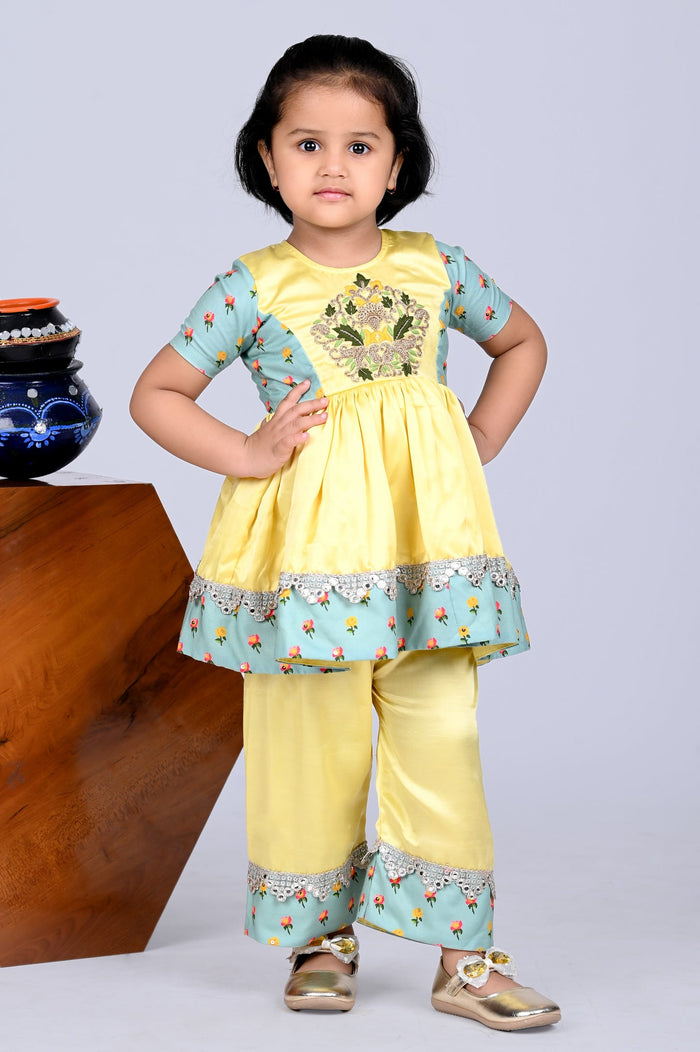 Yellow Heavy Embroidered Kurti With Palazzo Set
