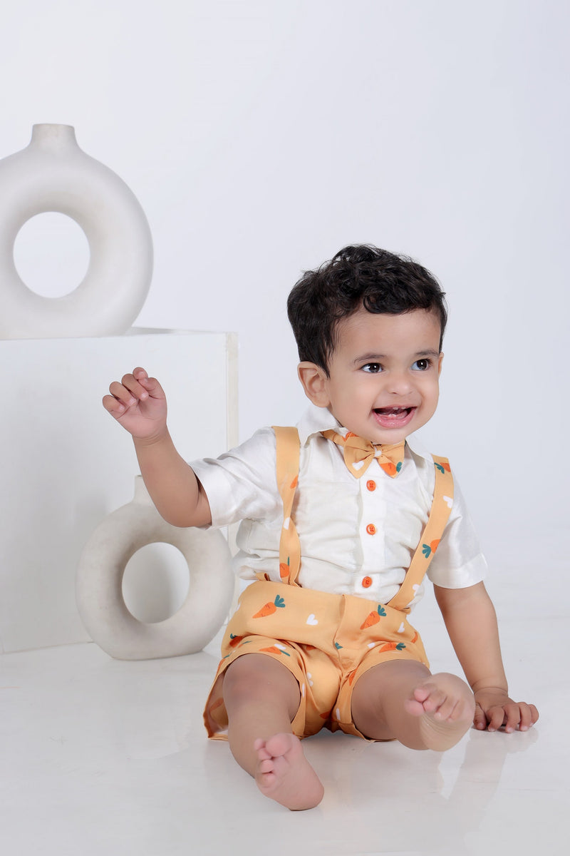 White Half Shirt/Orange Carrot Print Half Pant Suspenders And Bow Tie Set