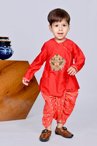 Red Heavy Embroidery Kurta With Printed Dhoti