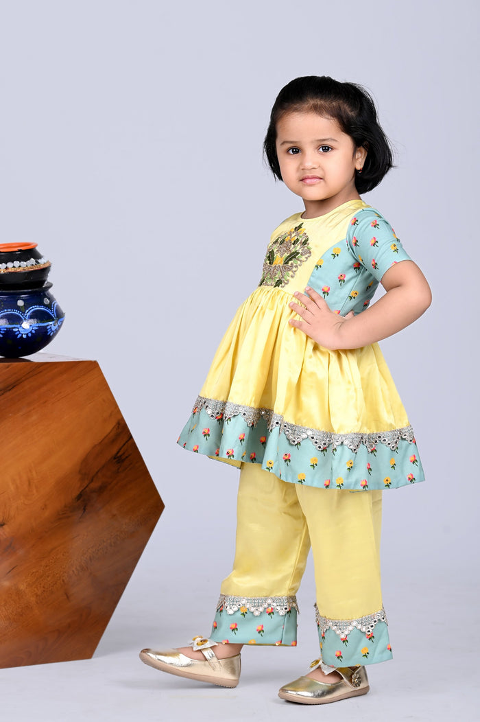 Yellow Heavy Embroidered Kurti With Palazzo Set