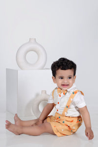 White Half Shirt/Orange Carrot Print Half Pant Suspenders And Bow Tie Set