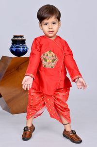 Red Heavy Embroidery Kurta With Printed Dhoti