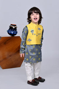 Grey Balloon Printed Kurta With Embroidered Jacket Churidar Set