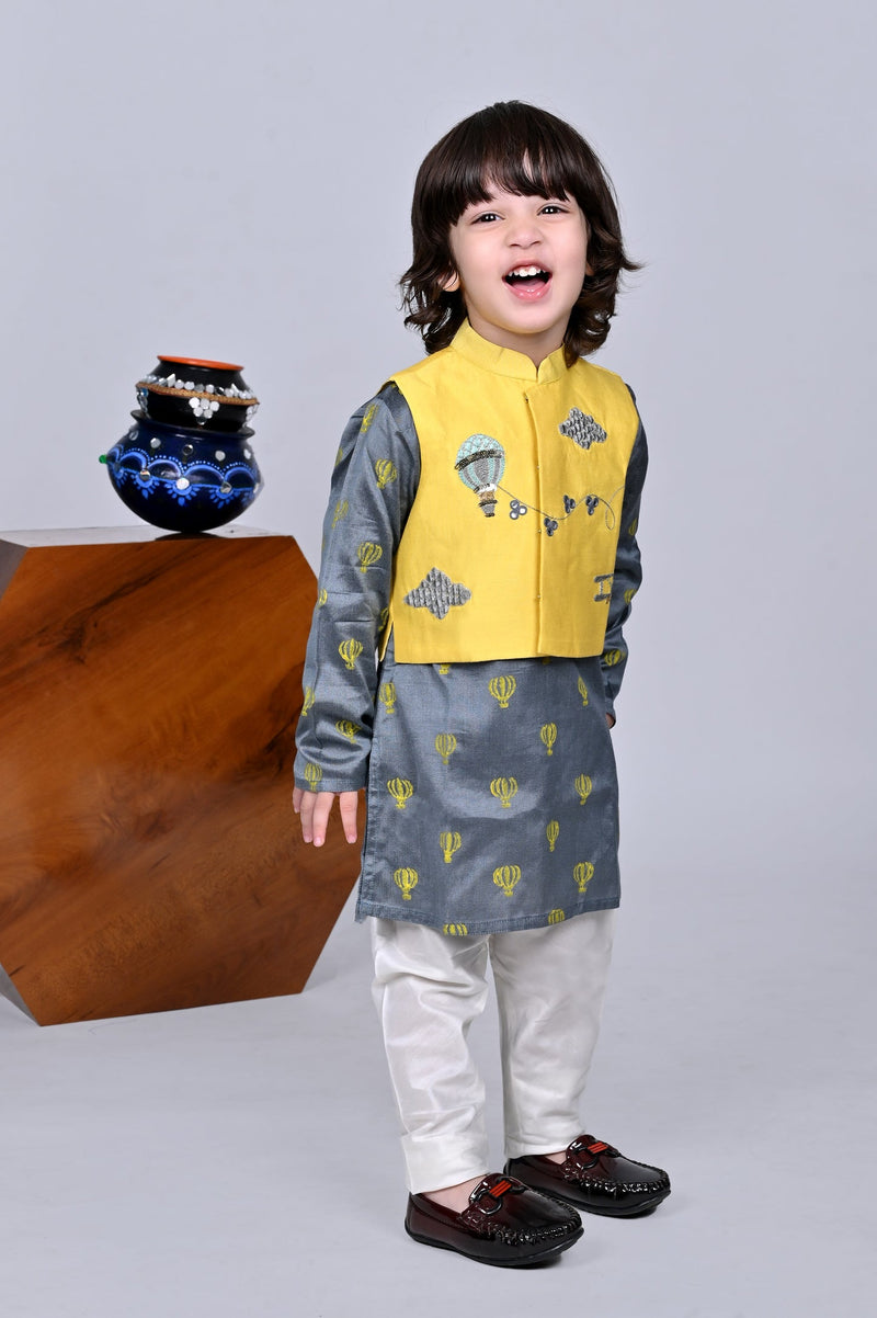Grey Balloon Printed Kurta With Embroidered Jacket Churidar Set