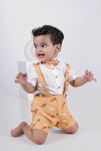 White Half Shirt/Orange Carrot Print Half Pant Suspenders And Bow Tie Set