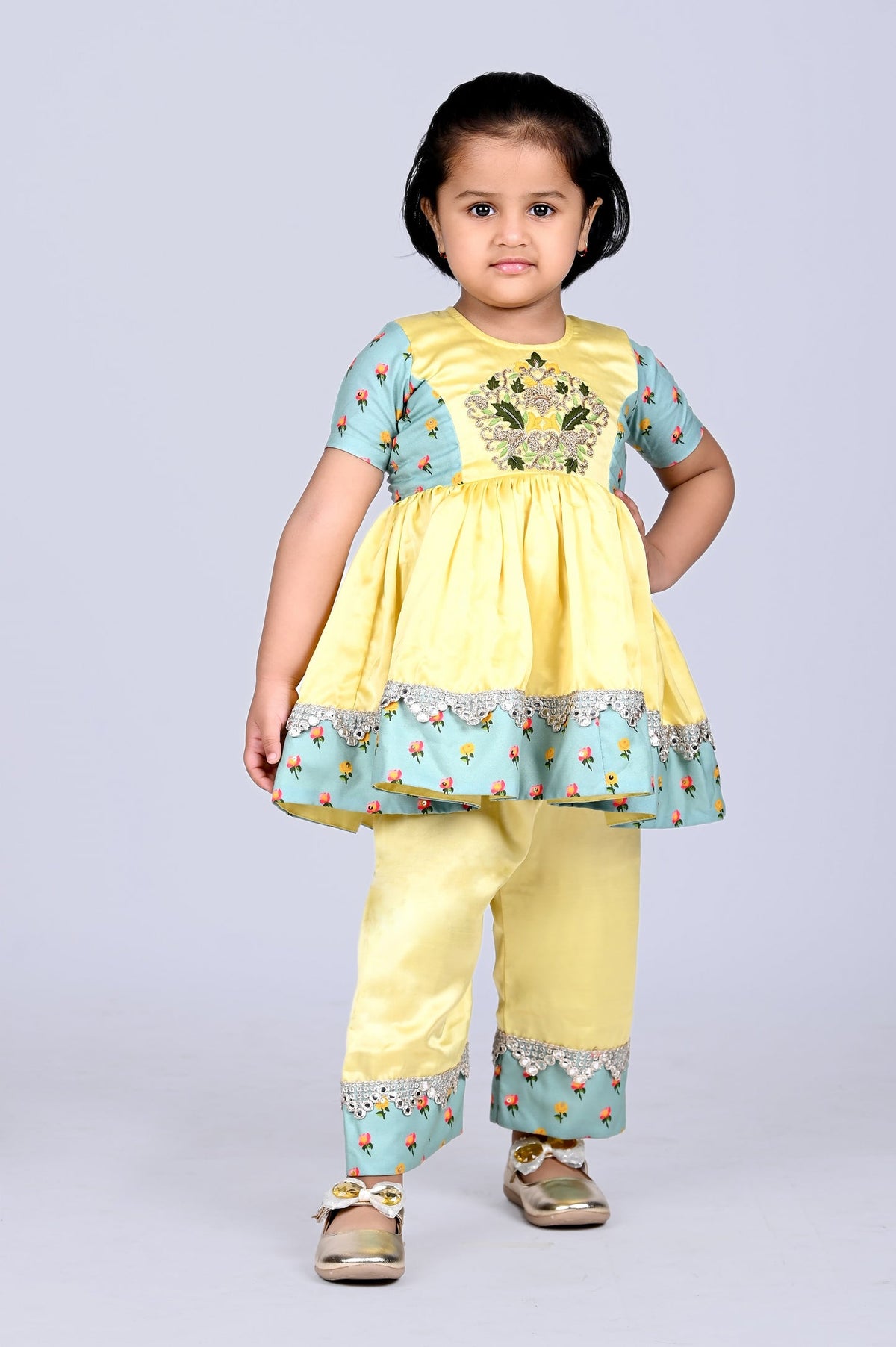 Yellow Heavy Embroidered Kurti With Palazzo Set