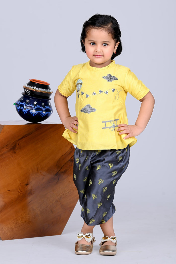 Yellow Embroidered Plane Balloon Peplum Top And Balloon Printed Dhoti Pant Set