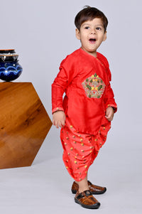 Red Heavy Embroidery Kurta With Printed Dhoti