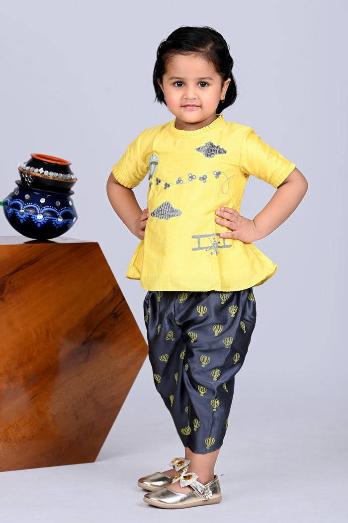 Yellow Embroidered Plane Balloon Peplum Top And Balloon Printed Dhoti Pant Set