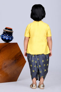 Yellow Embroidered Plane Balloon Peplum Top And Balloon Printed Dhoti Pant Set