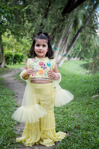 Floral Embroidered Lime Yellow Top With Sharaha Pants And Dupatta