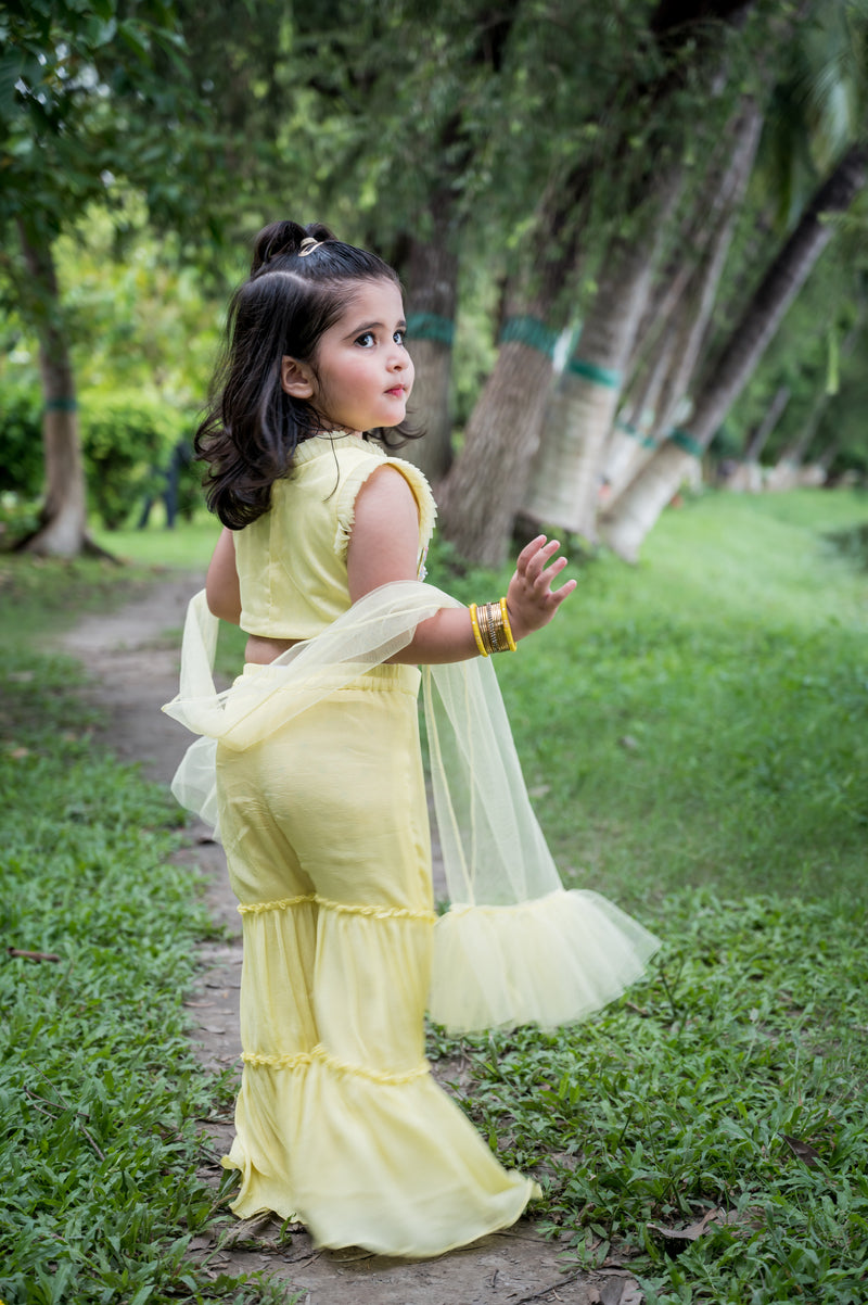Floral Embroidered Lime Yellow Top With Sharaha Pants And Dupatta