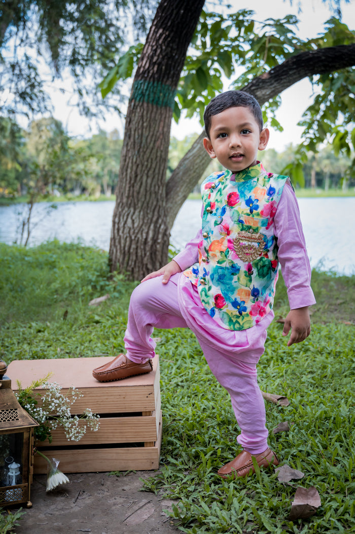 Pink Draped Kurta Pajama With Floral Printed Jacket