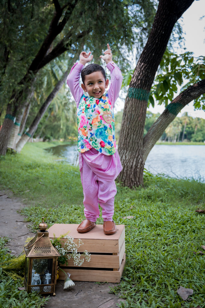 Pink Draped Kurta Pajama With Floral Printed Jacket