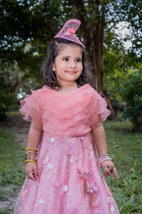 Peach Organza Frill Top With Embroidered Lehenga
