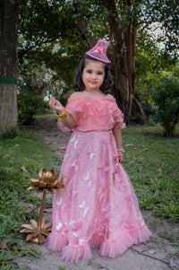 Peach Organza Frill Top With Embroidered Lehenga
