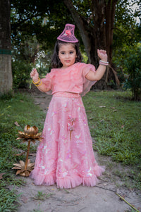 Peach Organza Frill Top With Embroidered Lehenga