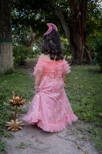 Peach Organza Frill Top With Embroidered Lehenga