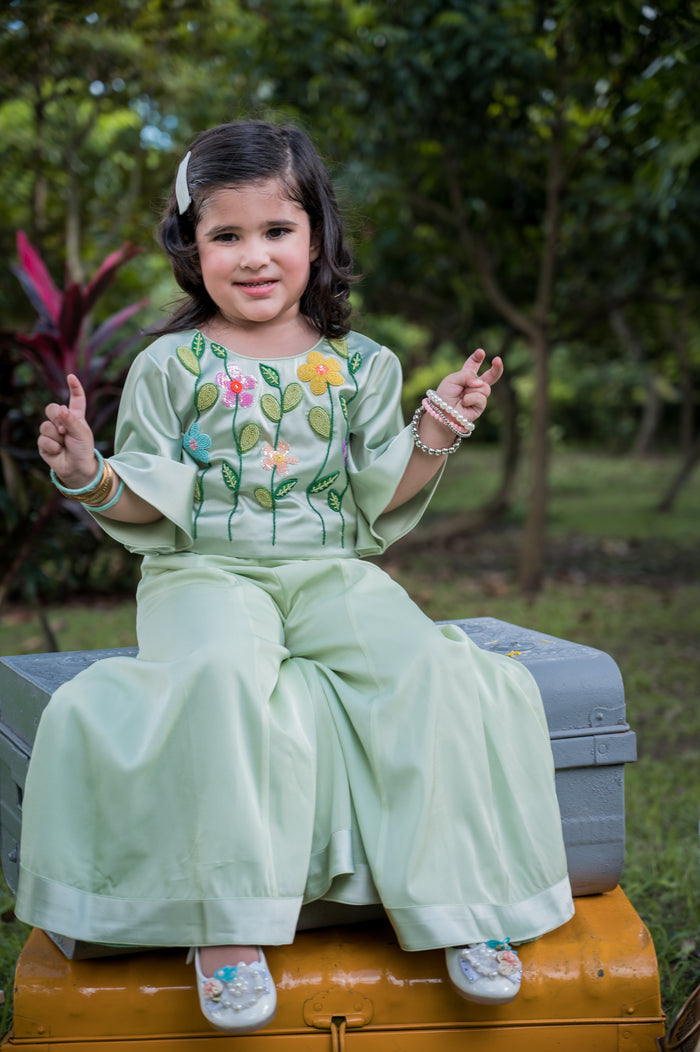 Floral Embroidered Mint Top With Sharara Pants