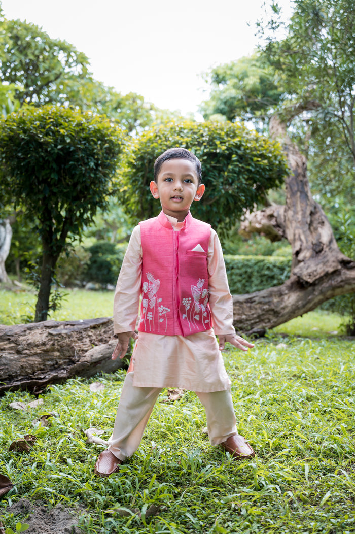 Peach Kurta Pajama With Floral Embroidered Jacket